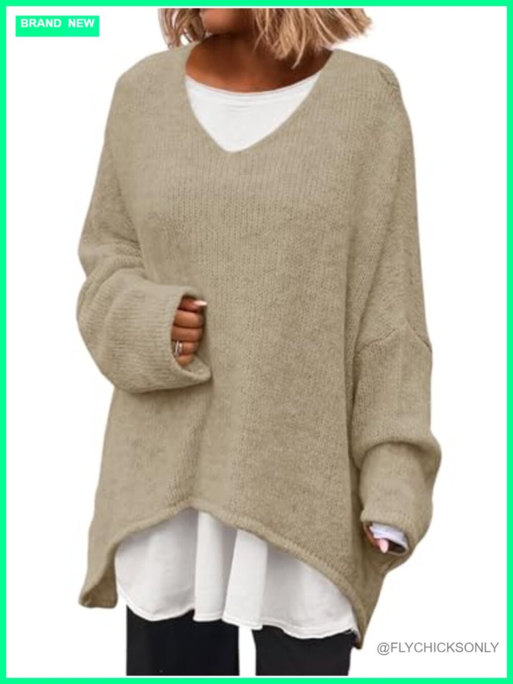 Womens Oversized V Neck Batwing Long Sleeve Knit Slouchy Pullover Sweater